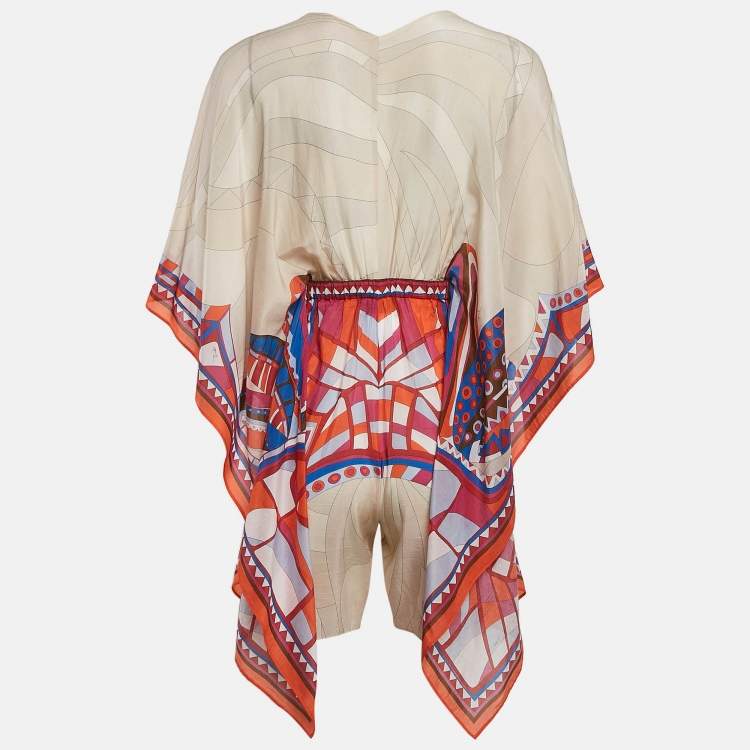 Pre Owned Emilio Pucci Beige/Orange Printed Cotton Blend Kaftan Style Playsuit M