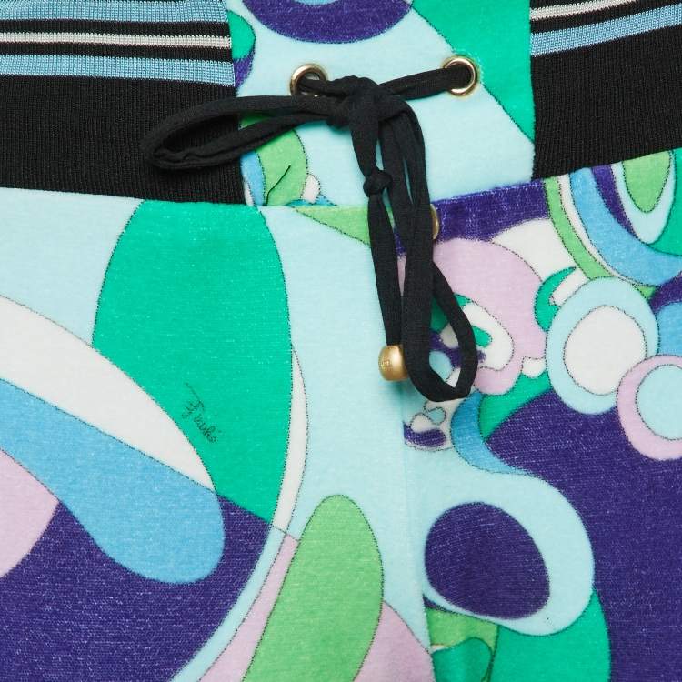Pre Owned Emilio Pucci Green Printed Velvet Track Trousers S