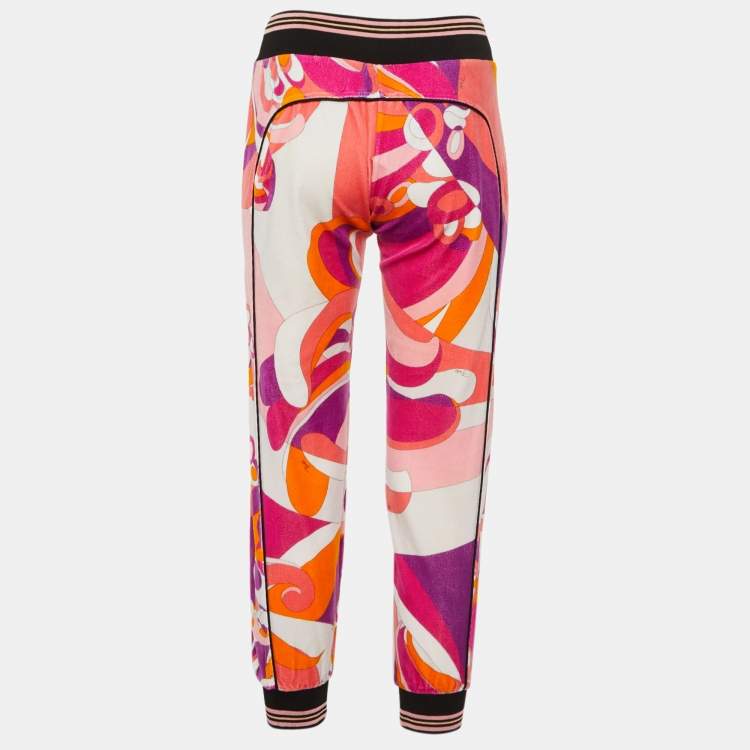 Pre Owned Emilio Pucci Pink Printed Velvet Track Trousers S