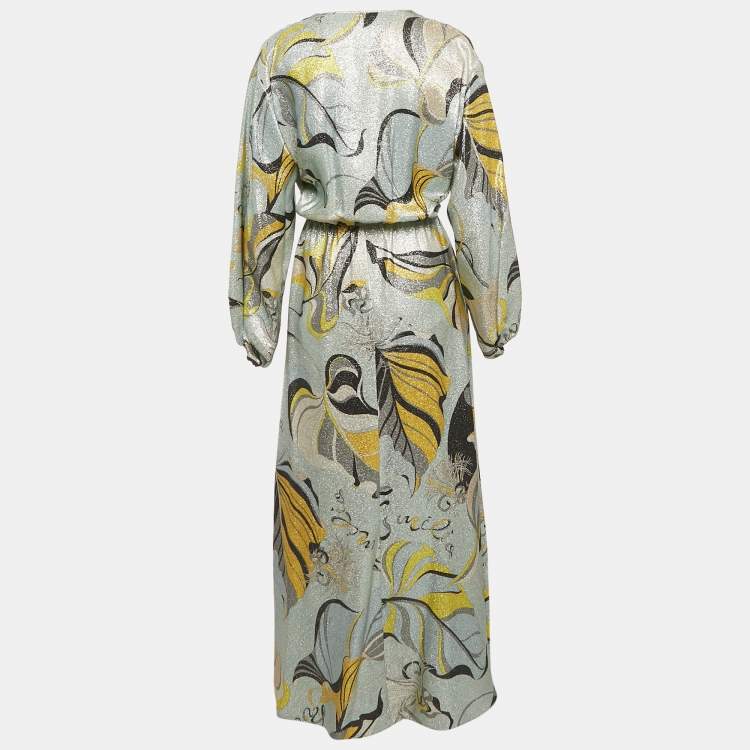 Pre Owned Emilio Pucci Blue Printed Lurex Silk Maxi Dress M