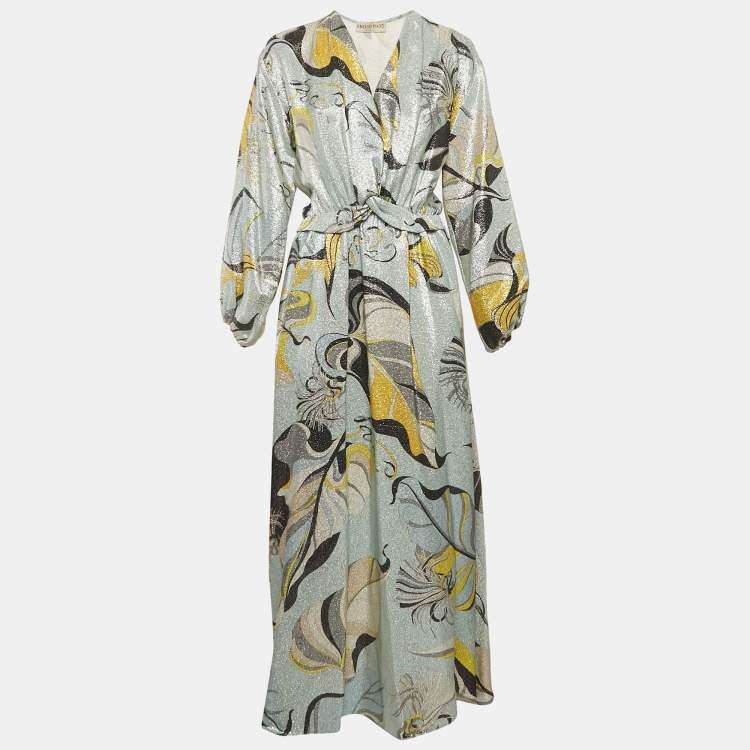 Pre Owned Emilio Pucci Blue Printed Lurex Silk Maxi Dress M
