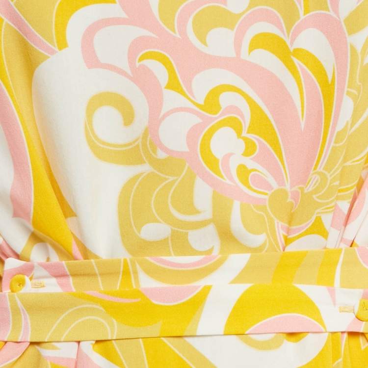 Pre Owned Emilio Pucci Yellow Printed Crepe Tie-Up Mini Dress S
