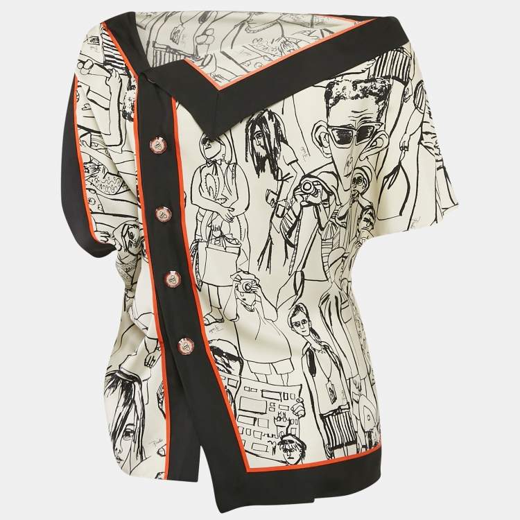 Pre Owned Emilio Pucci Cream/Black Turisti Print Silk Asymmetric Shirt M