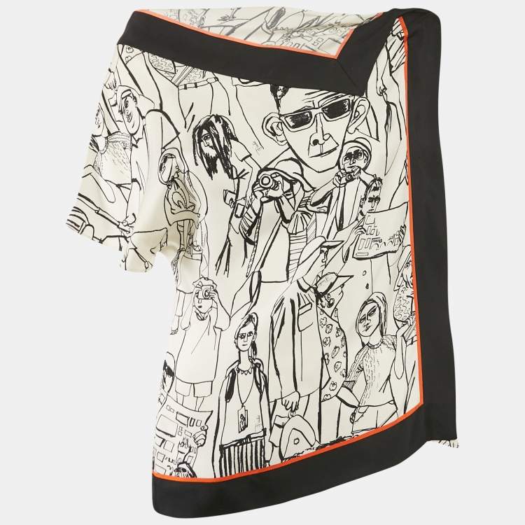 Pre Owned Emilio Pucci Cream/Black Turisti Print Silk Asymmetric Shirt M