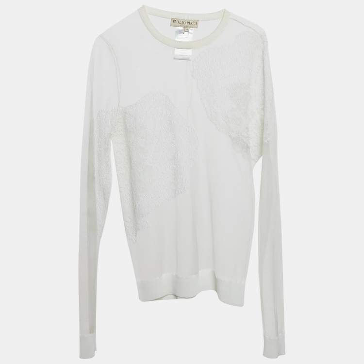 Pre Owned Emilio Pucci White Embroidered Tulle Sheer Pullover M