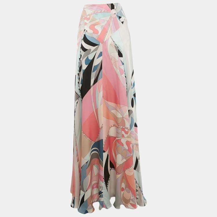 Pre Owned Emilio Pucci Multicolor Printed Silk Maxi Skirt L