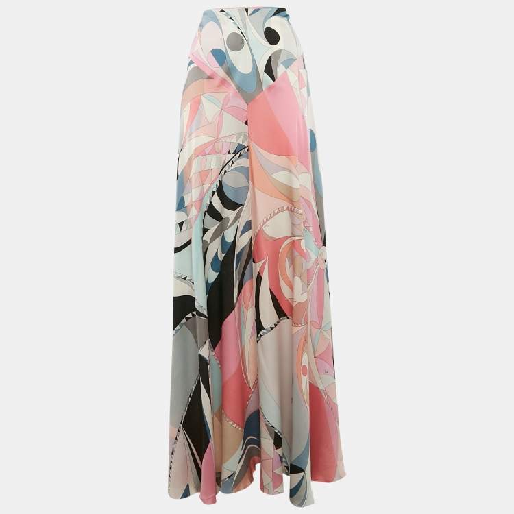 Pre Owned Emilio Pucci Multicolor Printed Silk Maxi Skirt L