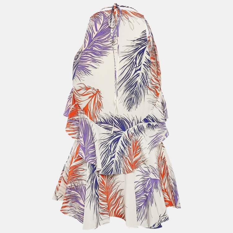 Pre Owned Emilio Pucci White  Printed Silk Ruffled Strappy Top S