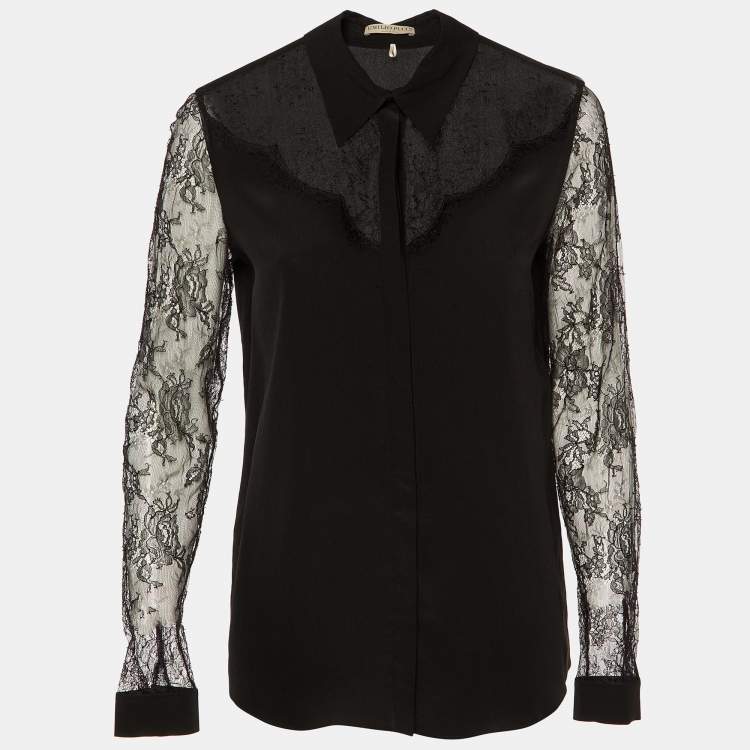 Pre Owned Emilio Pucci Black Silk Lace Trim Button Front Shirt M