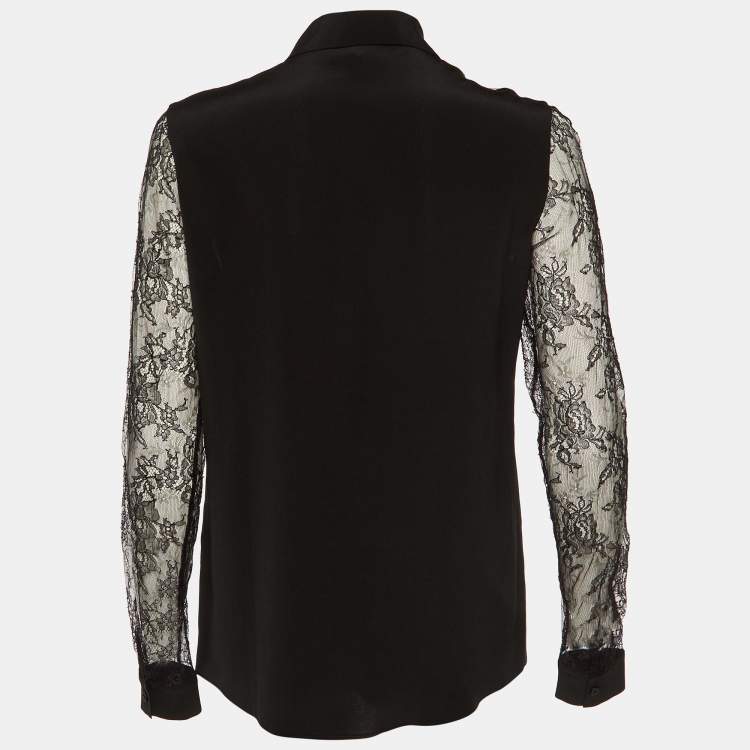 Pre Owned Emilio Pucci Black Silk Lace Trim Button Front Shirt M