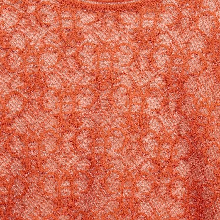 Pre Owned Emilio Pucci Orange Monogram Patterned Sheer Knit Long Sleeve Top M
