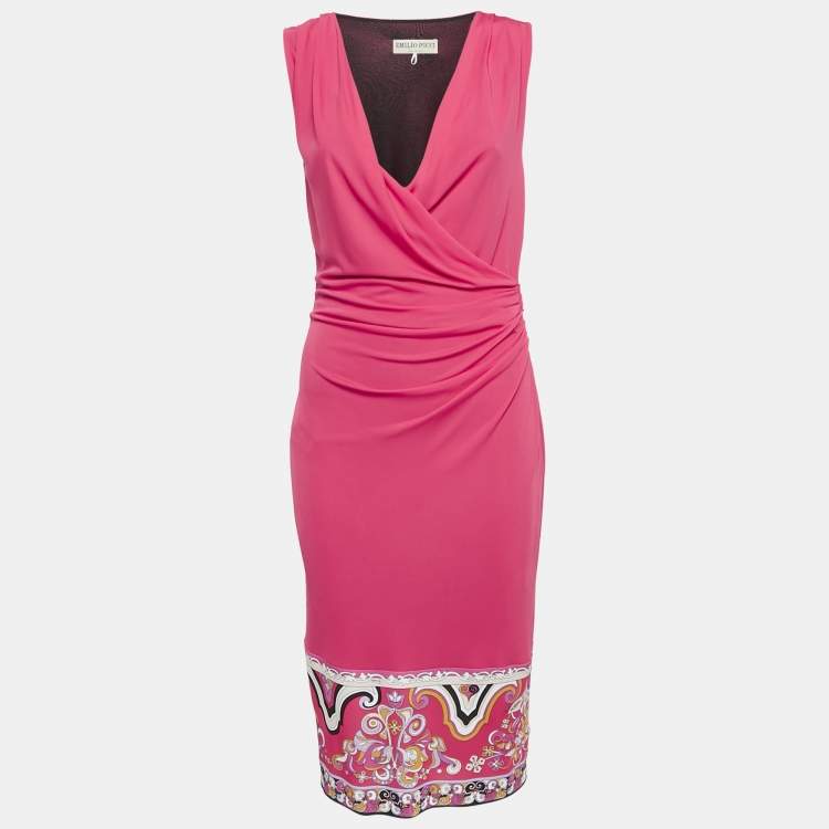 Pre Owned Emilio Pucci Pink Hem Print Jersey Sleeveless Midi Dress M