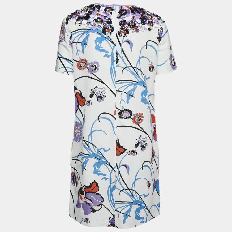Pre Owned  Emilio Pucci White Floral Cotton Blend Embellished Mini Dress M 