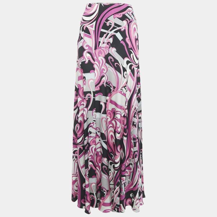 Pre Owned Emilio Pucci Pink Printed Silk Maxi Skirt L