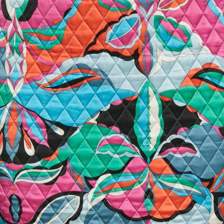 Pre Owned Emilio Pucci Pink/Blue Printed Satin Silk Quilted Pencil Skirt S