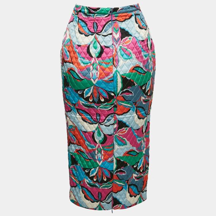 Pre Owned Emilio Pucci Pink/Blue Printed Satin Silk Quilted Pencil Skirt S