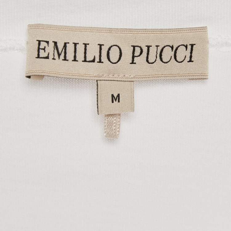 Pre Owned Emilio Pucci White Jersey Printed Silk Ruffled Sleeve T-Shirt M
