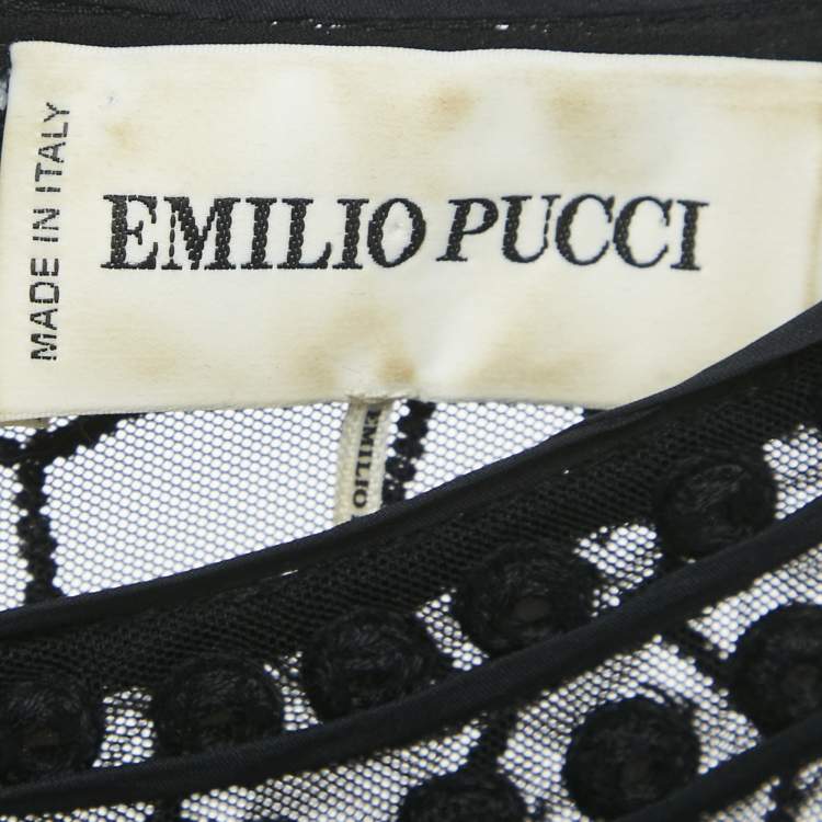 Pre Owned Emilio Pucci Black Embellished Mesh Feather Detail Mini Dress L