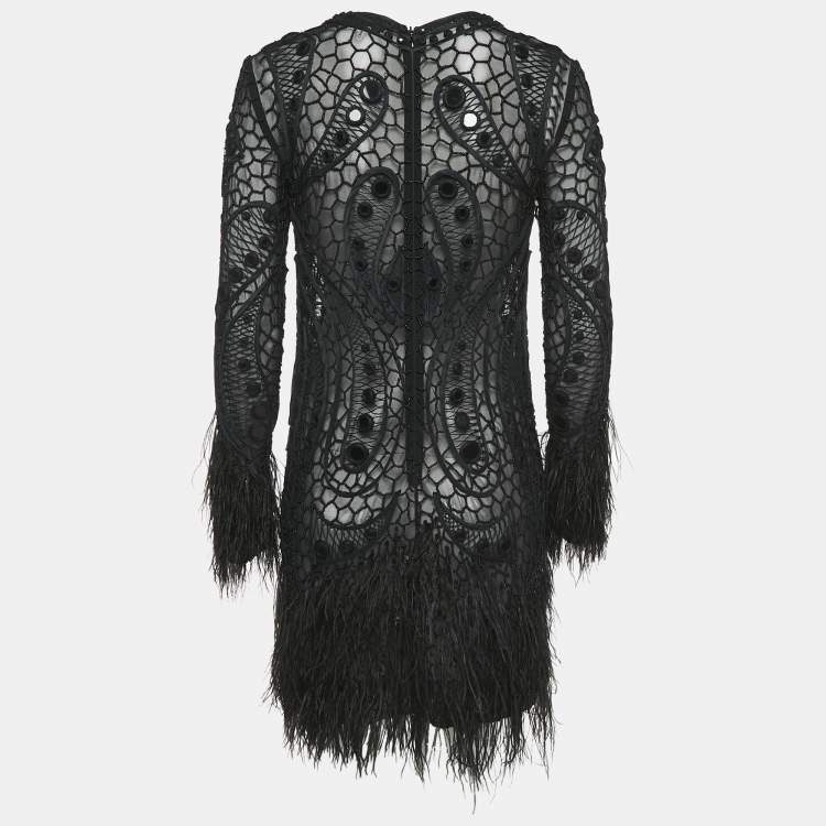 Pre Owned Emilio Pucci Black Embellished Mesh Feather Detail Mini Dress L