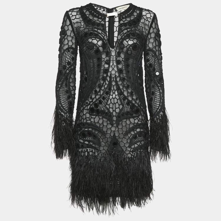 Pre Owned Emilio Pucci Black Embellished Mesh Feather Detail Mini Dress L