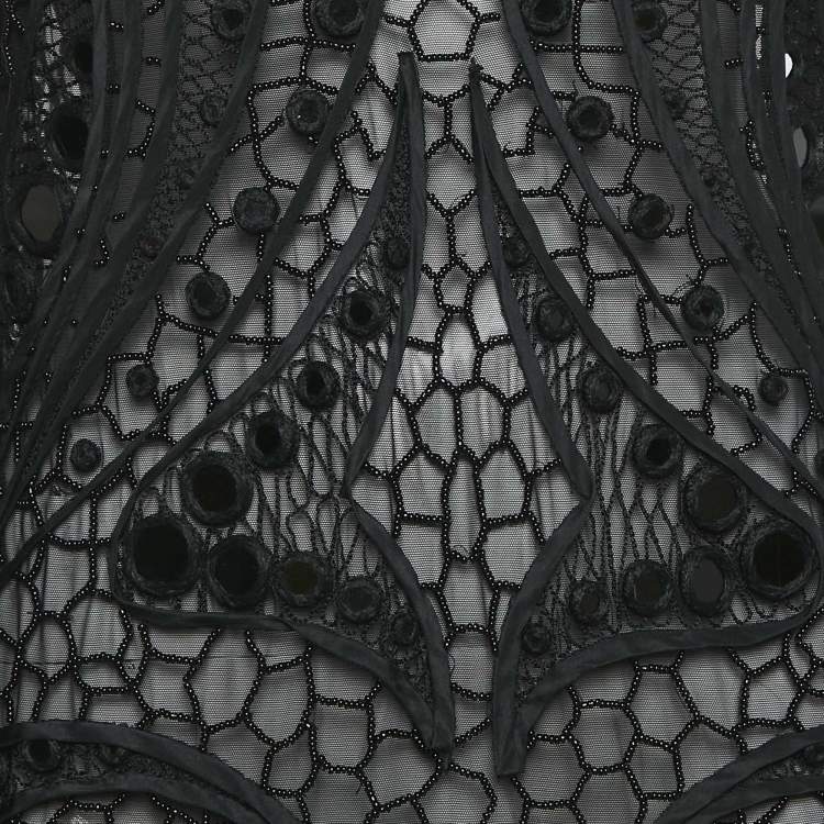 Pre Owned Emilio Pucci Black Embellished Mesh Feather Detail Mini Dress L
