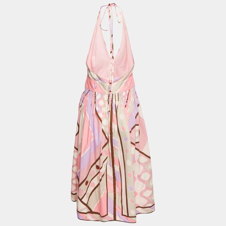 Pre Owned Emilio Pucci Pink Printed Cotton Halter Neck Short Dress M