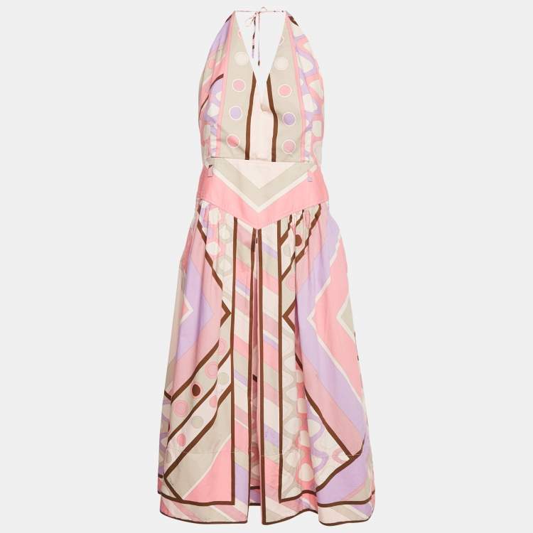 Pre Owned Emilio Pucci Pink Printed Cotton Halter Neck Short Dress M