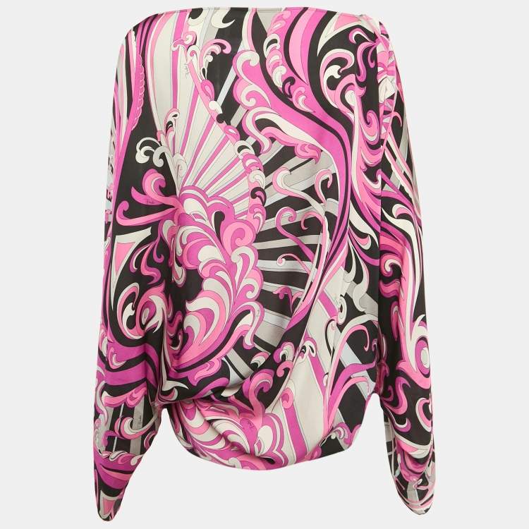 Pre Owned Emilio Pucci Pink Printed Silk Asymmetric Top XL