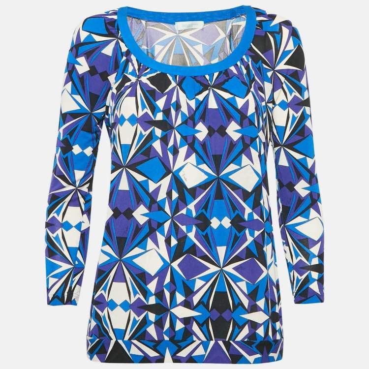 Pre Owned Emilio Pucci Blue Printed Jersey Round Neck Long Sleeve Top S
