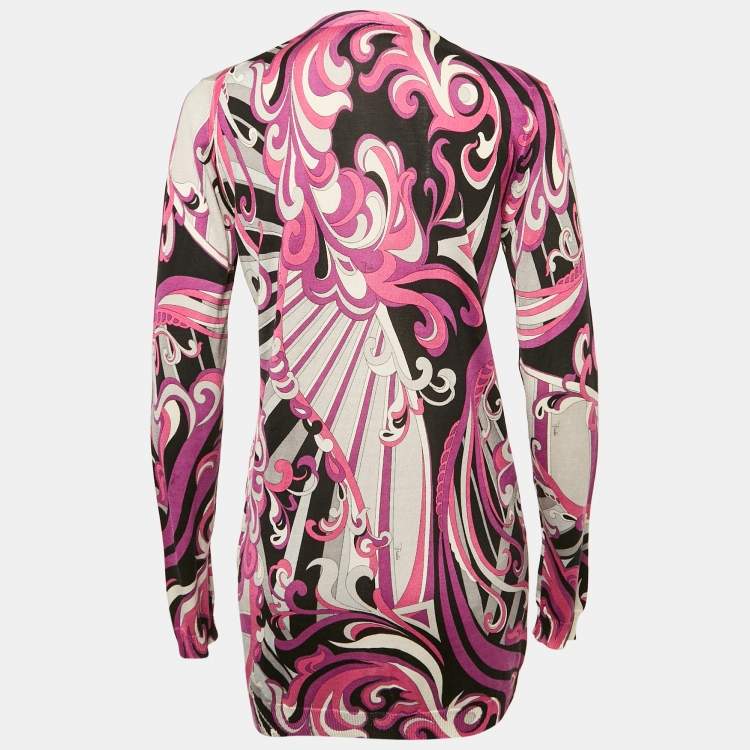 Pre Owned Emilio Pucci Pink Fluilio Print Stretch Knit Cardigan S