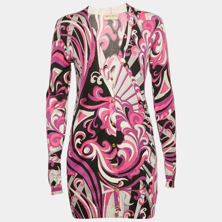 Pre Owned Emilio Pucci Pink Fluilio Print Stretch Knit Cardigan S