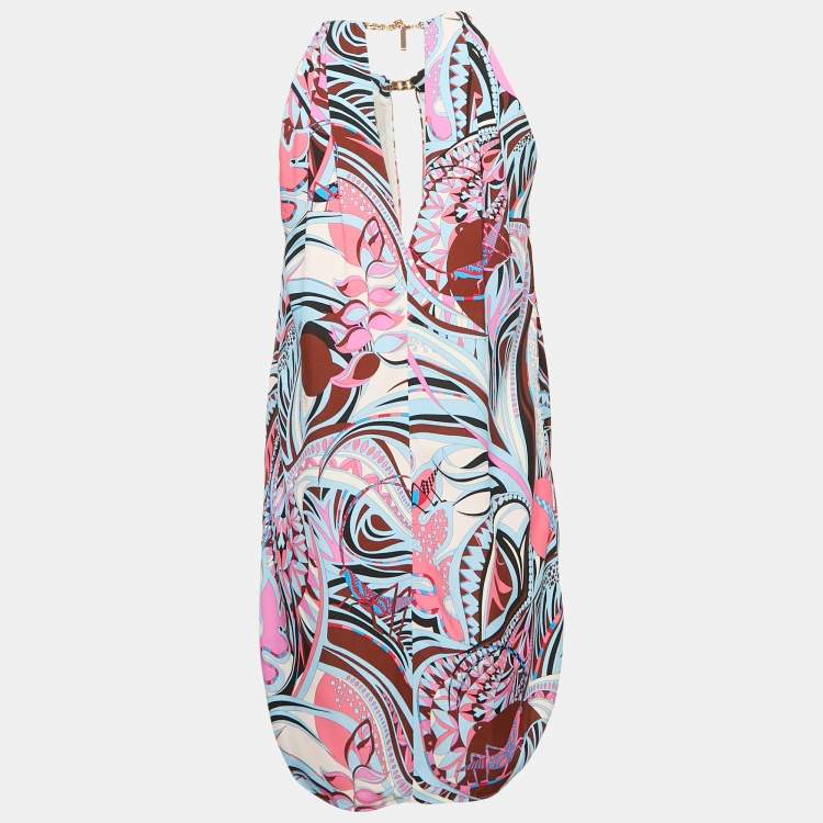 مملوكة مسبقًا  Emilio Pucci Pink/Blue Fluilio Print Crepe Chain Strap Mini Dress M 