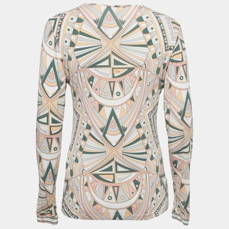 Pre Owned Emilio Pucci Multicolor Printed Jersey V-Neck Long Sleeve Top M