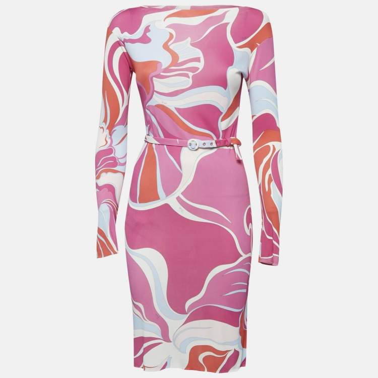 Pre Owned Emilio Pucci Pink Printed Jersey Belted Bodycon Dress S
