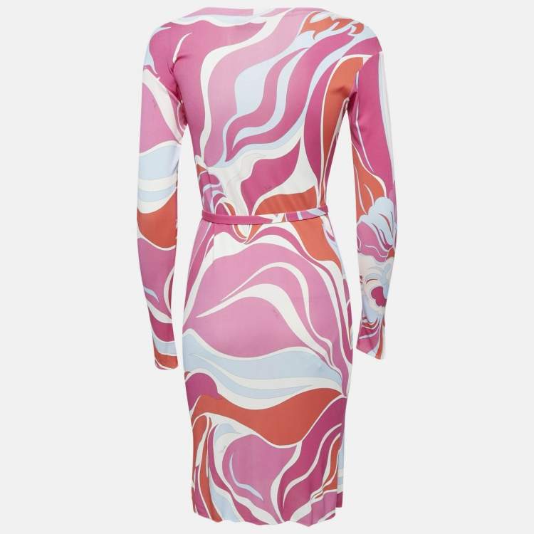 Pre Owned Emilio Pucci Pink Printed Jersey Belted Bodycon Dress S