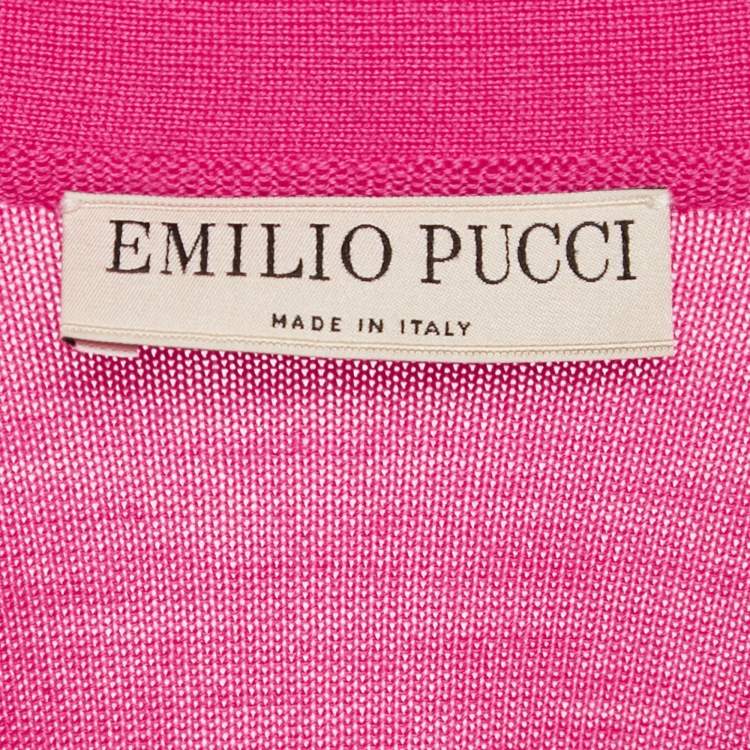 Pre Owned Emilio Pucci Pink Printed Silk Wool Short Sleeve Cardigan L