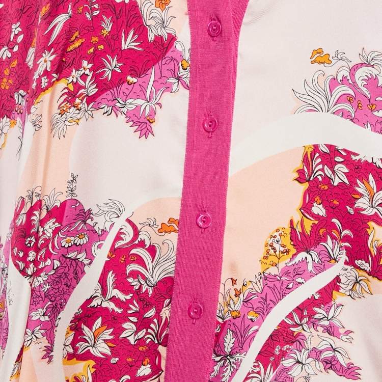 Pre Owned Emilio Pucci Pink Printed Silk Wool Short Sleeve Cardigan L