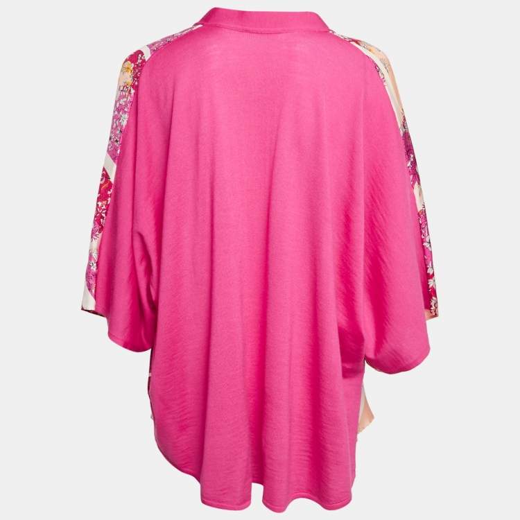 Pre Owned Emilio Pucci Pink Printed Silk Wool Short Sleeve Cardigan L