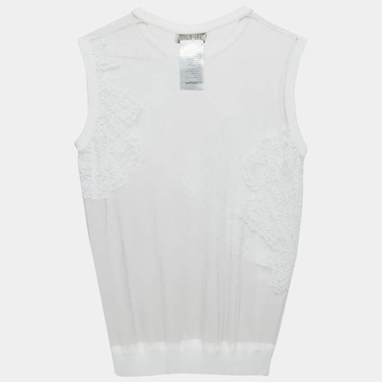Pre Owned Emilio Pucci White Embroidered Mesh Sleeveless Top M
