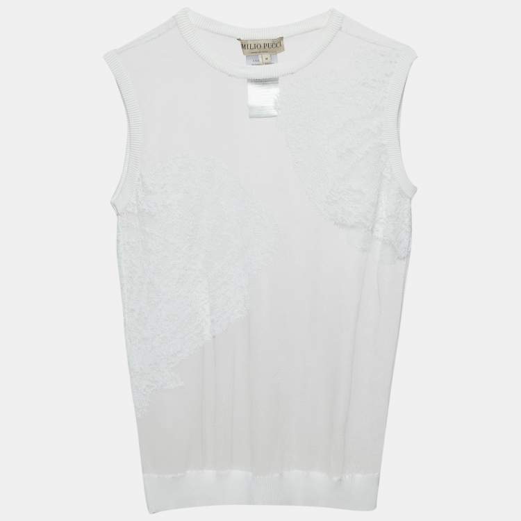 Pre Owned Emilio Pucci White Embroidered Mesh Sleeveless Top M