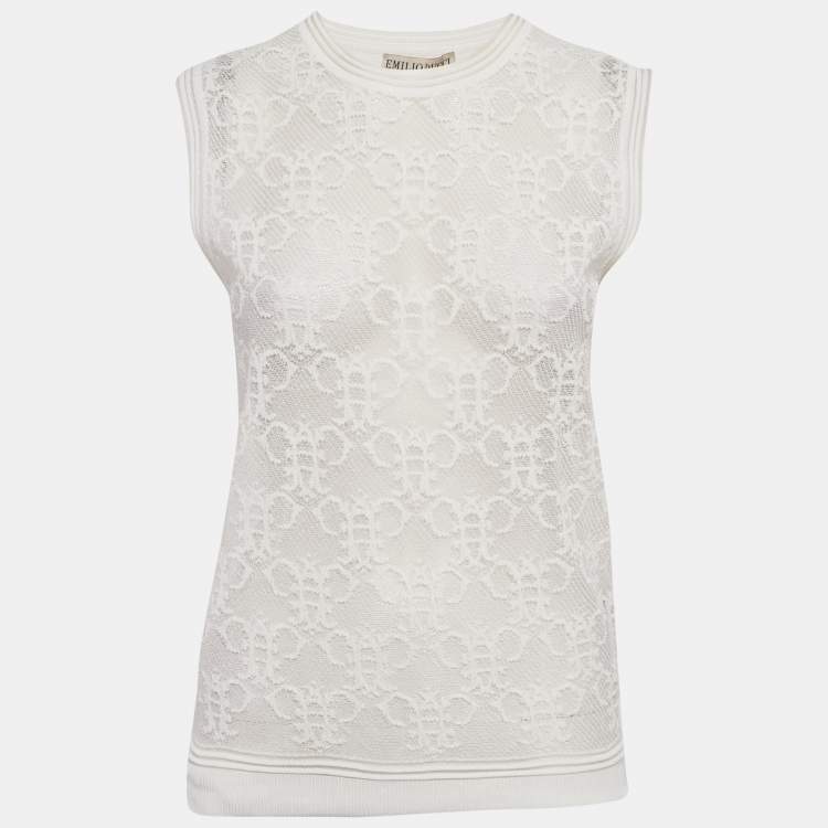 Pre Owned Emilio Pucci White Stretch Lace Sleeveless Sheer Top M
