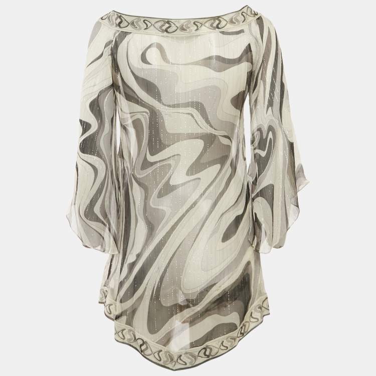 Pre Owned Emilio Pucci White/ Black Print Silk lurex Tunic Top S