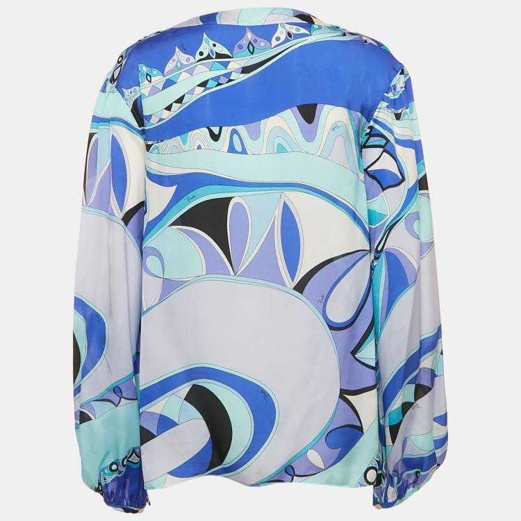 Pre Owned Emilio Pucci Blue Printed Silk Lace-Up Detail Top M