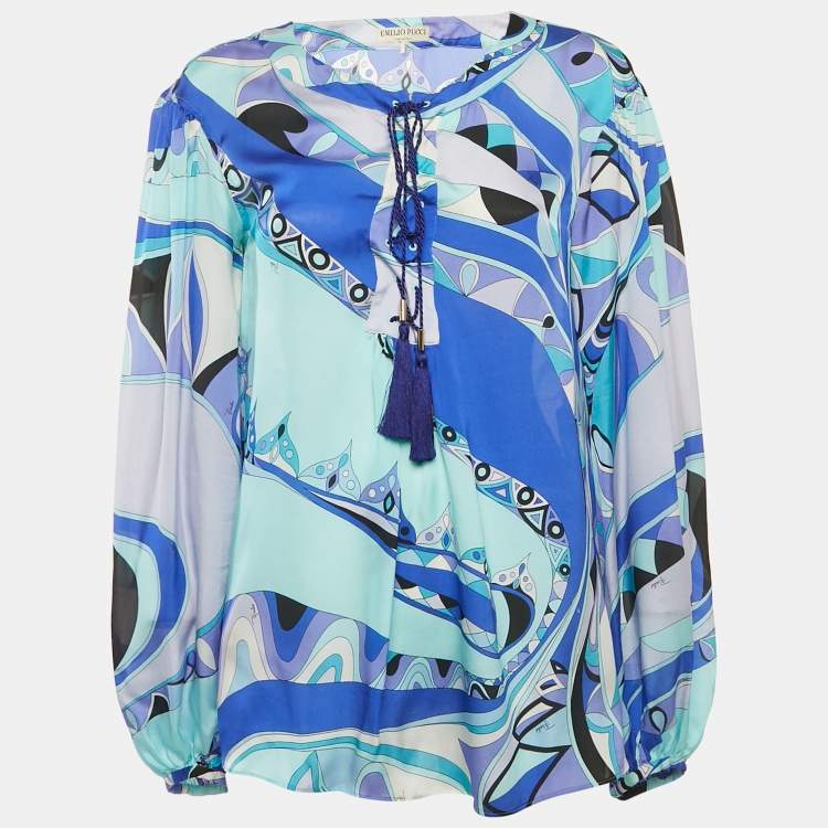Pre Owned Emilio Pucci Blue Printed Silk Lace-Up Detail Top M