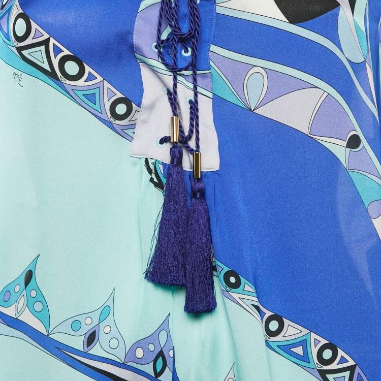 Pre Owned Emilio Pucci Blue Printed Silk Lace-Up Detail Top M