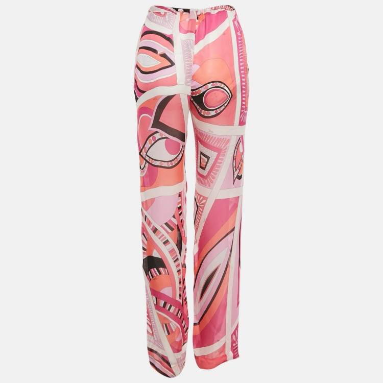 Pre Owned Emilio Pucci Pink Printed Silk Semi Sheer Pants S