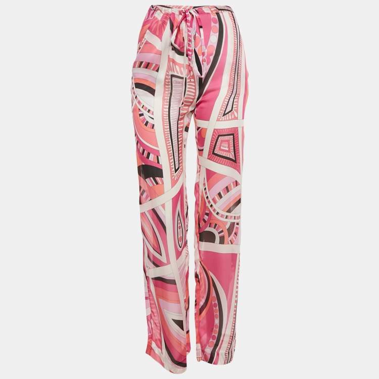 Pre Owned Emilio Pucci Pink Printed Silk Semi Sheer Pants S