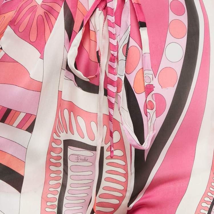 Pre Owned Emilio Pucci Pink Printed Silk Semi Sheer Pants S