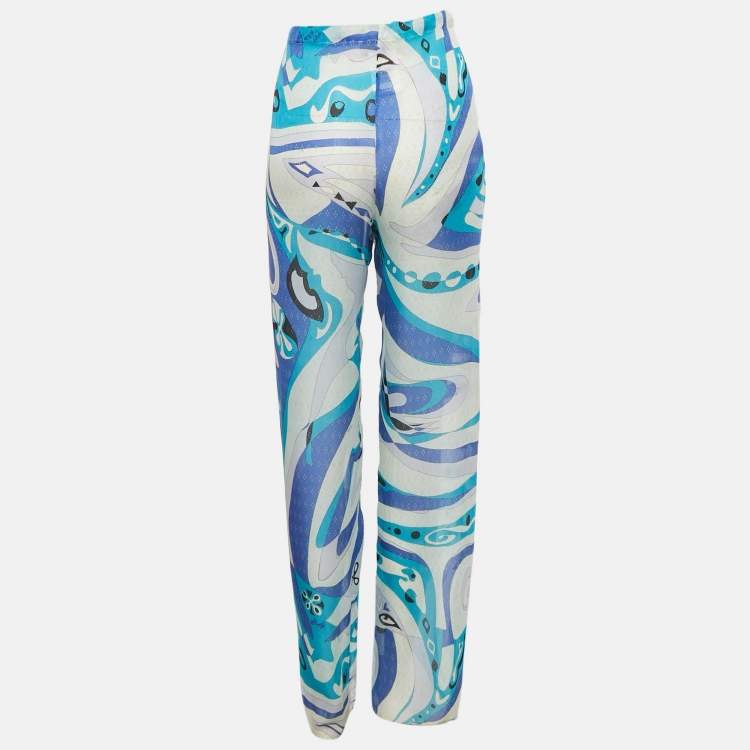Pre Owned Emilio Pucci Blue Printed Silk Semi Sheer Trousers M