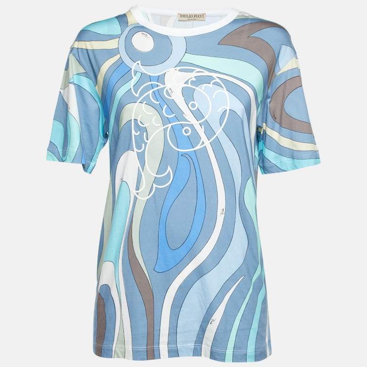 Pre Owned Emilio Pucci Blue Iride Print Cotton Crew Neck T-Shirt S 